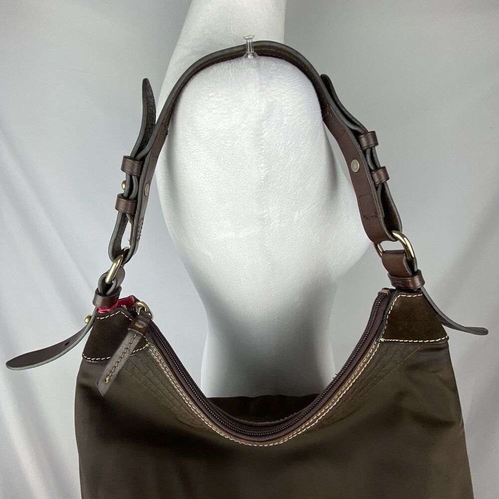 Dooney & Bourke Erica Hobo Bag Shoulder Tote Dark brown Nylon Leather Strap - Picture 2 of 16